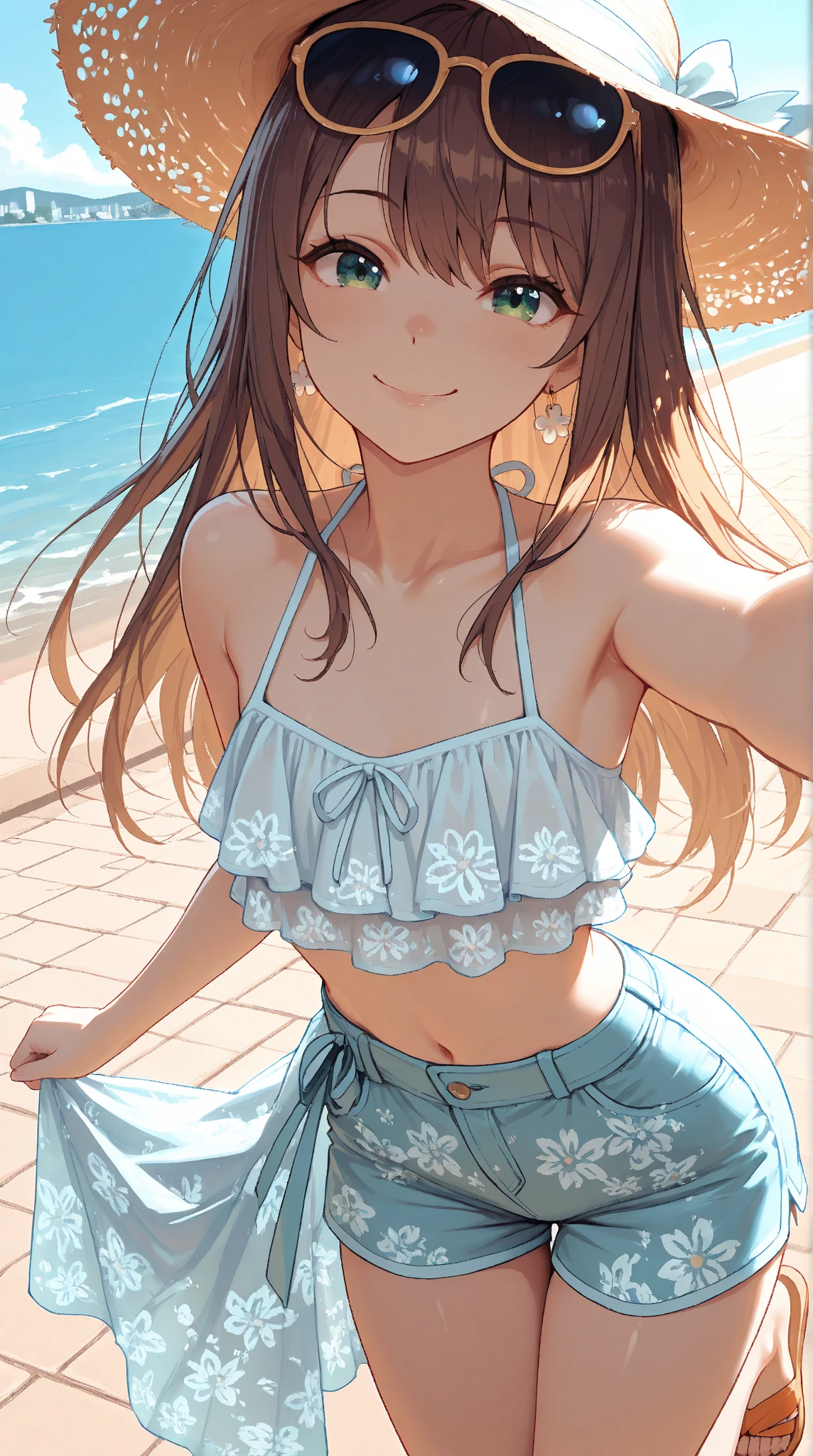 (8K、Highest quality、Highest quality、masterpiece)、Detailed face、One Girl、Spread legs、Spread Legs,
(Brown Skin:1.2)、Long Hair、
Blue Eyes、Sweat、Grin、
(White tank top、Denim hot shorts、Mini Shorts、Cameltoe)、Cameltoe
Beach、cloud、
belly button、Big Breasts、