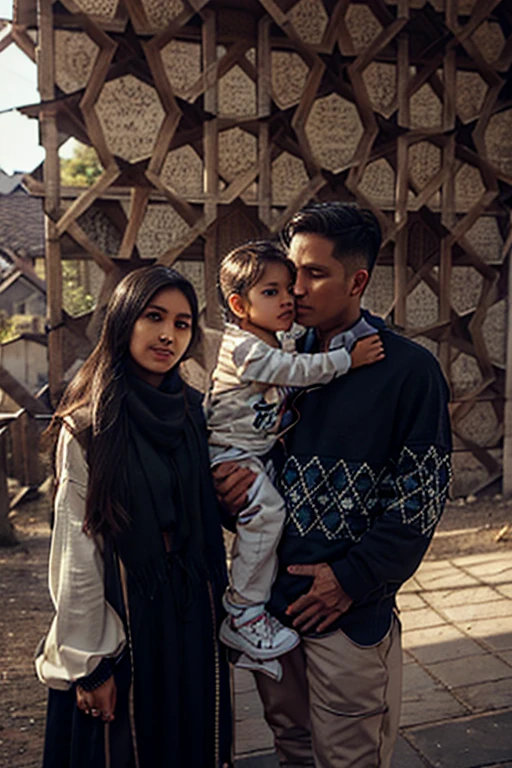 Seorang pria umur 30 tahun wajah asli indonesia pakai jaket warna hitam sedang berdiri menggemdong anak perempuan umur 5 tahun, pakai jilbab coklat, kedua tangan memeluk badan pria, kepala bersandar di bahu pria. di samping pria berdiri seorang wanita umur 28 tahun wajah asli indonesia pakai hijab, pakai baju kemeja warna hijau lumut. Latar belakang di taman penuh dengan bunga warna warni dan ada arena bermain. Sangat realistis, sangat detail, ULTRA HD, FULL HDR.