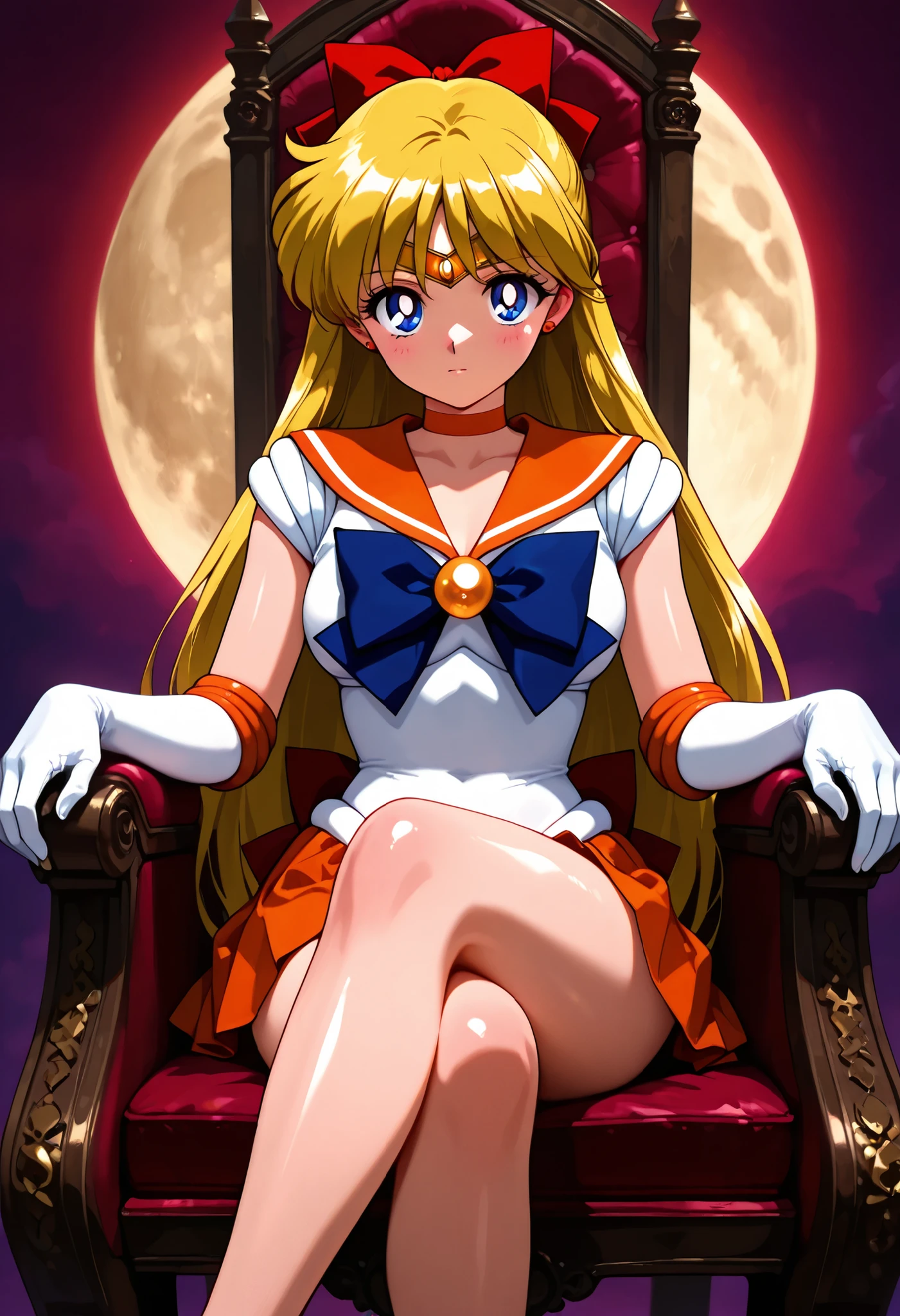 masterpiece,best quality,amazing quality, minako aino, blonde hair, blue eyes, hair bow, half updo, long hair, red bow, tiara, back bow, choker, elbow gloves, jewelry, magical girl, orange choker, orange sailor collar, orange skirt, sailor senshi uniform, white gloves, sitting, throne, moon kingdom, crossed legs, clear skin, ultra-detailed-eyes, soft skin, very awa, very as2, shiny skin, shiny hair, soft body, 90's style, official art