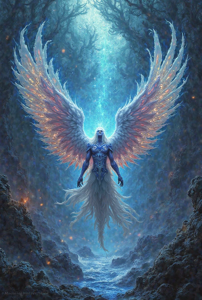 Seraphim are described as follows: "Each had six wings: with two he covered his face, with two he covered his feet, and with two he flew.". In blue color with masculine features with 6 wings