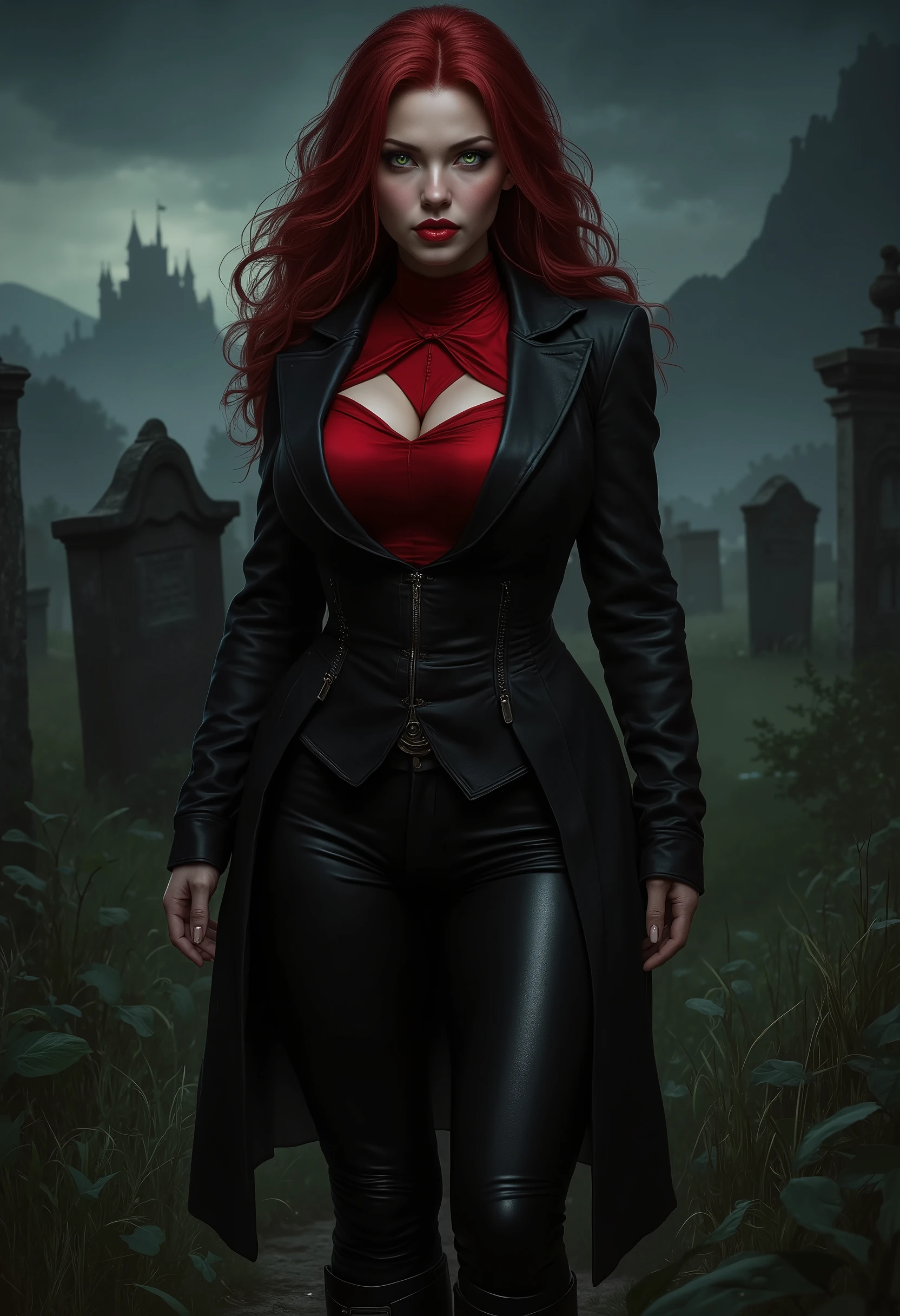 beautiful sensual sexy cool vampire girl slightly open ((huge vampire fangs)) muscular body red wavy long hair emerald green eyes, white skin, red lips, round face full red lips high arched eyebrows thin waist long shapely legs full breasts broad shoulders black leather riding breeches black leather riding boots black leather riding blazer red high neck silk turtleneck standing in tall grass in a cemetery at night fog twilight in the distance silhouette of a castle on a mountaintop