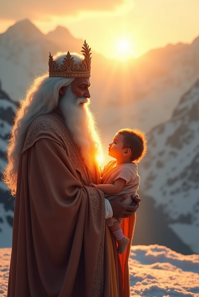 Wise Man, Barbado, elementos de fogo, with a crown and gold on his head, dentro de um castelo, sentado em um trono, Com uma estrela de Davi no peito, judeu e com um escudo dourado, Holding a child in your arms
