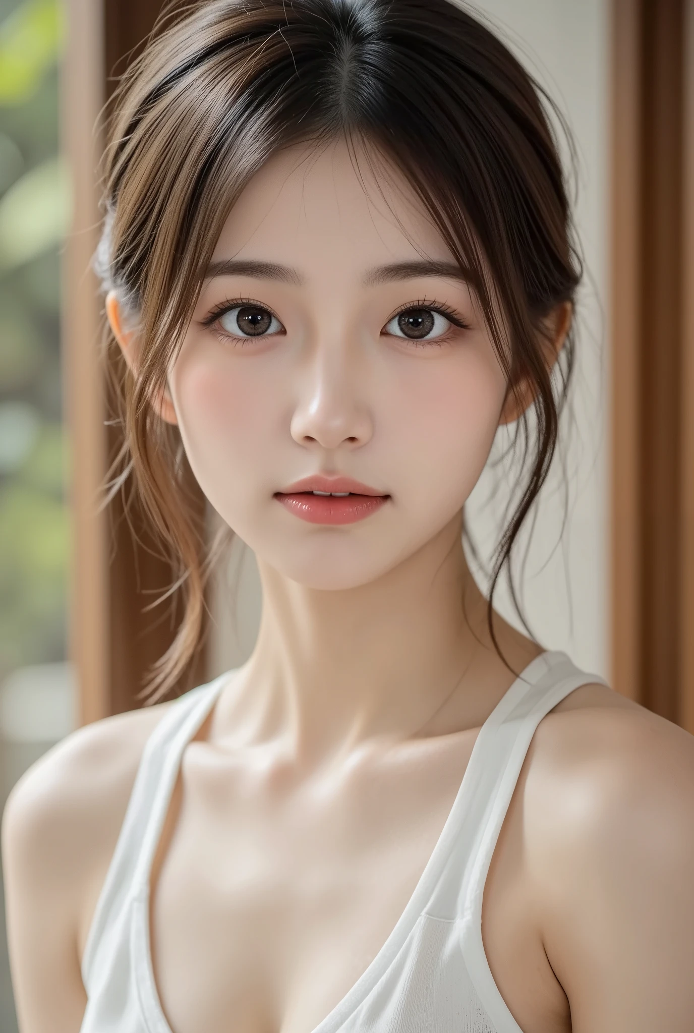 25 years Old woman, Naked, beauty face, thin, Updo hair style, medium breast