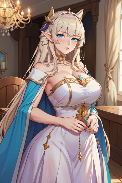 {{full body, from above}} {{Artist: Sincos}} 1girl, solo, mature female, elf, pointy ears, silver hair, long hair, blunt bangs, straight hair, blue eyes, long eyelashes, thick eyebrows, lips, huge breasts, sweet smile, white gown, frilled dress, gold belt, gold laurel wreath, gold choker, blue cape, pov, patting lap, sitting, chair, indoors, dining room, palace, medieval fantasy.