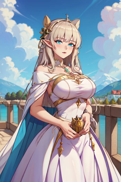 beautiful woman，Folk Girl，blonde with blue eyes，Twist，Wear a strapless wedding dress with no straps.，countryside，countryside，beautiful scenery，European Middle Ages，smile with teeth，forehead，forehead exposed，big tits，rift, (2 young women ,beautiful woman),visible chest, Show your breasts, open chest, I see bulging nipples,,(((large areolae:1.4,pink,The nipples are clearly visible...)))