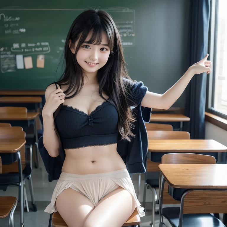 (8K、Raw photography、top-quality、masterpiece:1.2)、(realisitic、Photorealsitic:1.37)、ultra-detailliert、超A high resolution、Pioapple、1 girl in、looking at the viewers、A smile、beatiful detailed eyes、floting hair、bangss、Skin Texture、narrow waists、Slim waist、(Curve:0.4)、Belly buttons、an legs、电影灯光、profetional lighting、韓国アイドル、乃木坂アイドル、女優、hposing Gravure Idol、Classroom:1.3