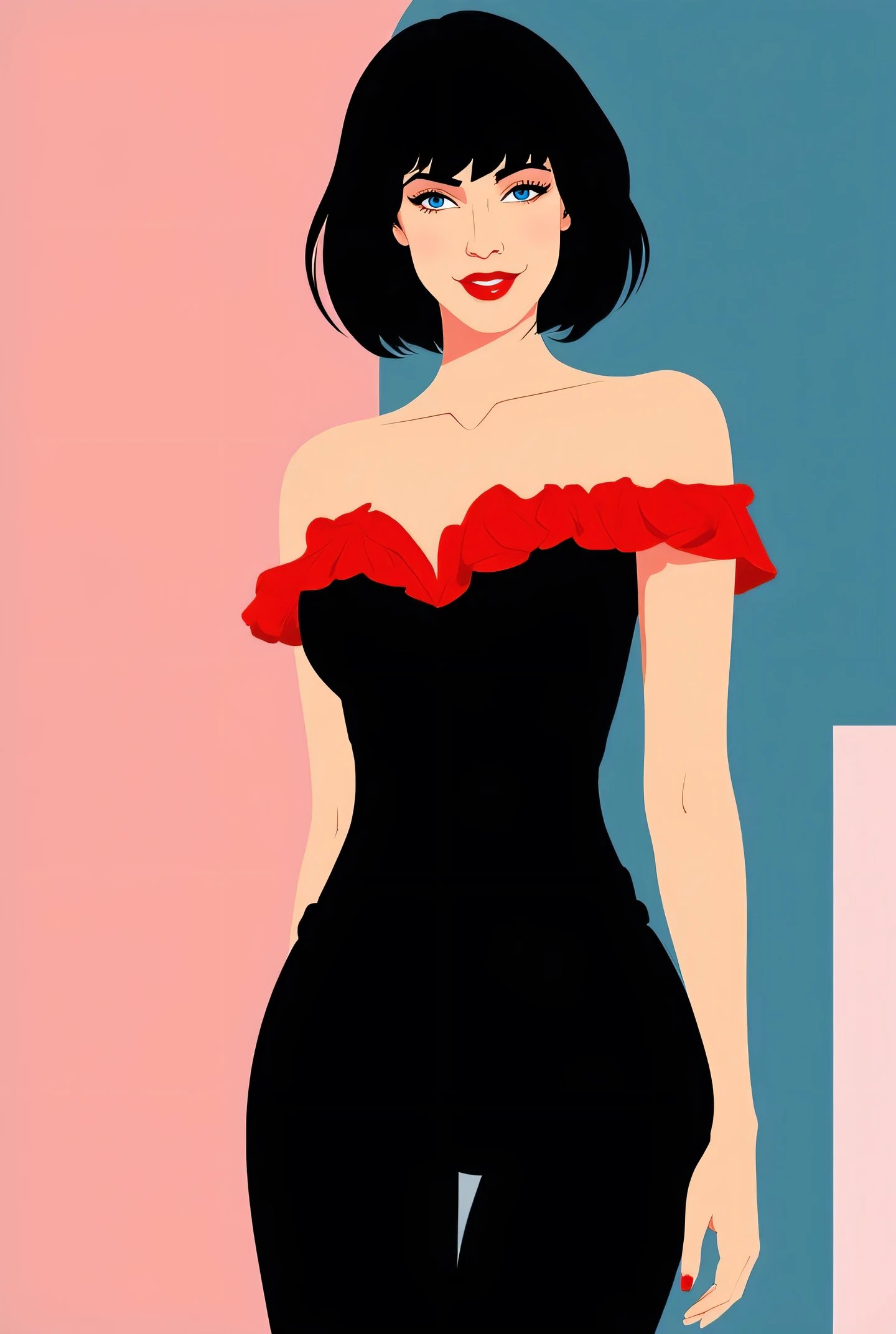 Aesthetically_Pleasant_Pose, 1Woman, Solo, Stencil, close up, A captivating simple Vector art of a black bob hair female wearing a stylish black jumpsuit. The jumpsuit features a red off-the-shoulder ruffle at the top, blue eyes, and a red lip, bare shoulders, a pink and blue abstract background. Standing up, it’s a very minimalist simple vector illustration with minimal colors, upper body, looking at viewers, sexy smile, mouth closed
