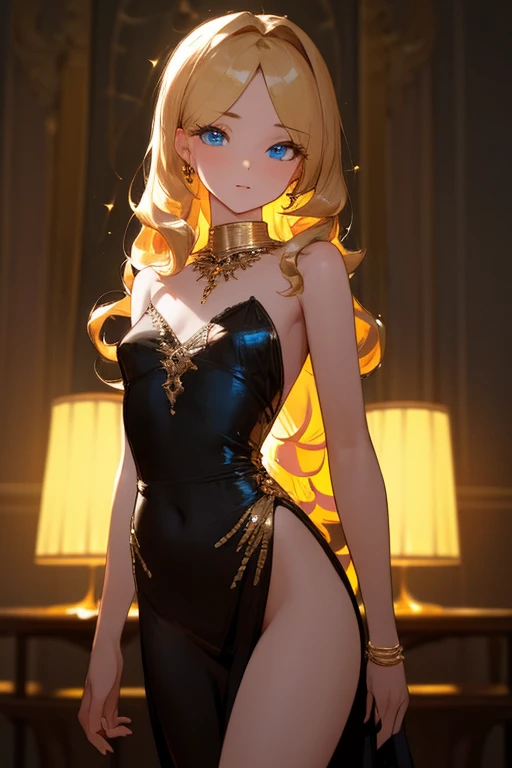 Princess of lightness,((short wavy Creamy Golden Blonde hair)),(Creamy Blonde hair),((short hair)),(golden eyes),busty,Glamour,Gorgeous,Jewelry,monochromes,Gothic goddess,light Fantasy,light Venus,erotic posing,Dynamic Posing,Dramatic,Cinematic,Detailed background,Gothic background,light fantastic view,Best Quality,masutepiece,8K,The ultimate detailed light background, Top image quality、RAW photography、超A high resolution、show legs，cropped shoulders，close-up all over the body，Be red in the face，overall look is very erotic。（Hand optimization），（Details are strengthened），（High Picture Quality） An 18-year-old female、Shot for one person only、model shoot、medium breasts、Wearing a black skirt、Beautiful Eyes of Details、Very slender eyes、Beautiful eyelashes、beautiful double eyelid、Very slim physique, Shy, with blush cheeks