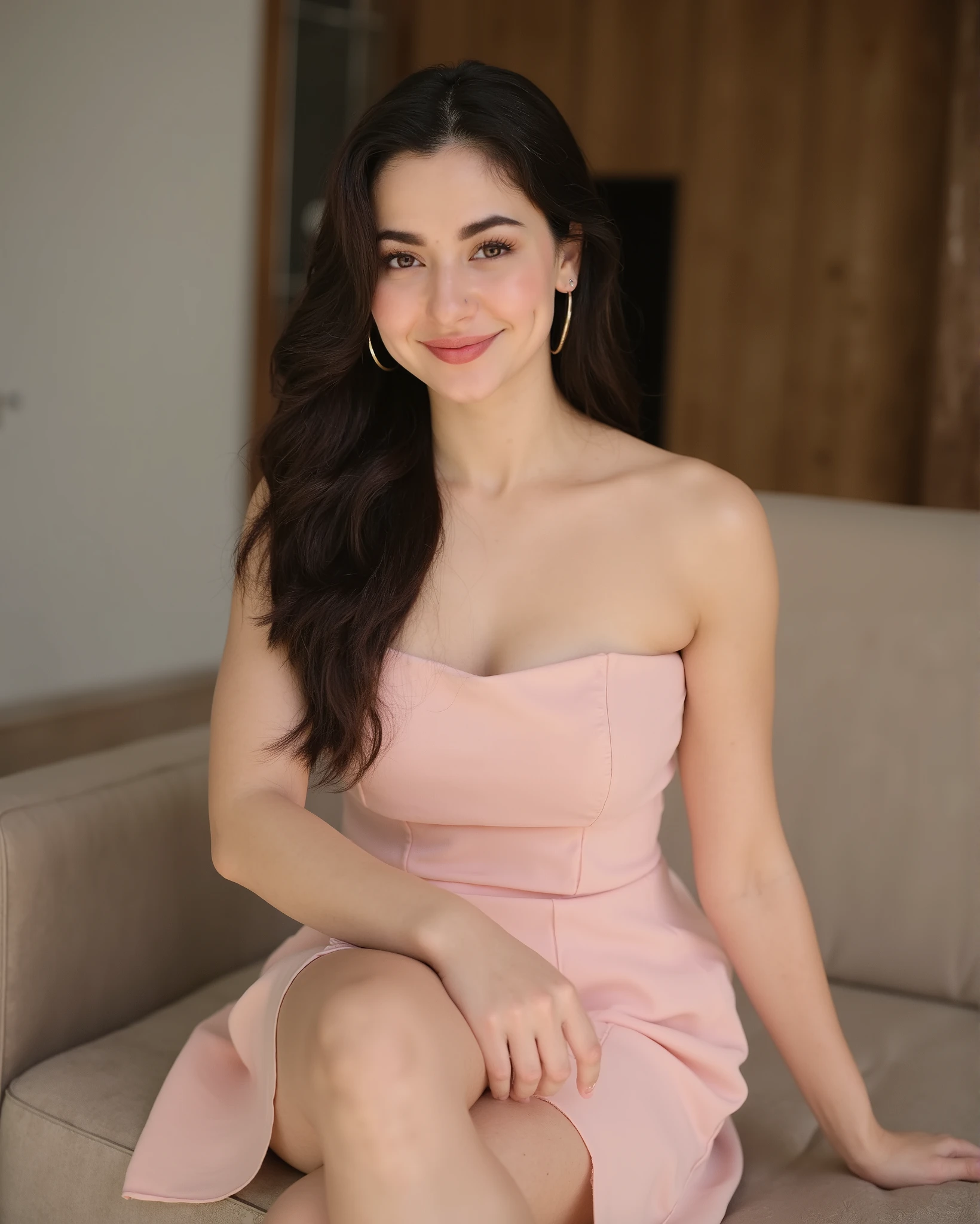 Create Image a low quality phone photo of a 21 years old young stunning woman with an oval-shaped face, brown eyes, and long dark brown wavy hair sits gracefully on a beige couch. She wears a soft pink strapless mini dress with subtle lace detailing. Her posture is elegant, with her legs crossed and hands resting gently on her knee. She has an hourglass fit figure and a warm, confident smile. The background is a modern, softly lit living space with neutral tones and wooden accents, adding a cozy and upscale ambiance to the scene. The lighting is warm and natural, highlighting her glowing skin and expressive features, {revealing slight cleavage}, HaniaAmirFlux, CTAI- Hand and foot details v1.0