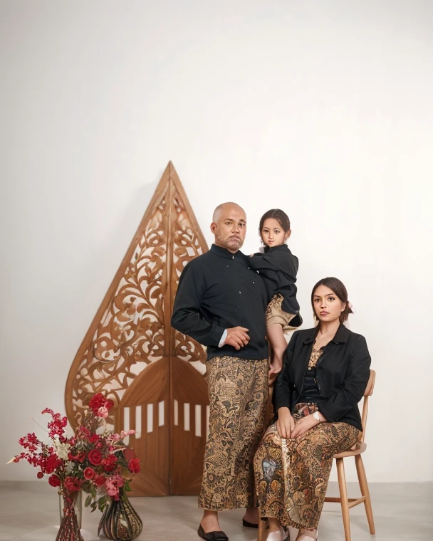outdoor portraits, full body, Indonesian family, men age 40 very short cut hairstyle, women with chubby cheeks with black hijab holding a 4 year old girl sit on chair, man stand and hug, they wear traditional Javanese beskap clothes with batik bottoms for men and kebaya with batik bottom skirts for women themed black, they stan and hug, the white pattern background with traditional Javanese beside, batik walls, fresh color, 8k, photography, flower vases, javanese decorations.