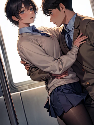 A naked middle-aged man is pressing his penis against the chagrin of a small-breasted girl with bob black hair who is lying down on a train, crying, with erect nipples and pale pubic hair, topless, no underwear, and wearing a checked skirt, feeling embarrassed and scared, and resisting.、whole body