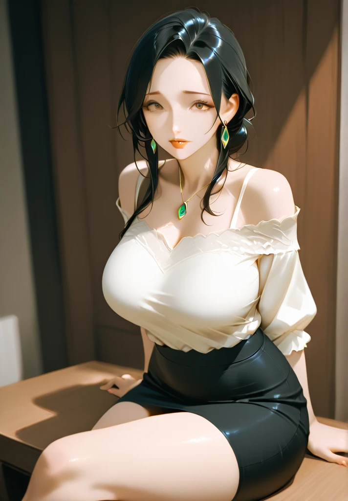 highest quality, masterpiece, ultra high resolution, (reality: 1.4), Original photo, 1 girl, green eyes, off shoulder, cinematic lighting、sexy milf, ボディコン、スパンコール生地、bedroom、(metal chain)