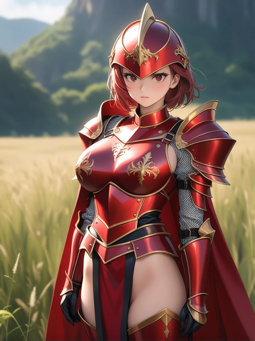 a girl, warrior, rapier at the waist, redhead, short hair, bright green eyes, beautiful breasts, hair between eyes, bangs, full body, confident, heroic posture, smiling, red and white armor, cape, fantasy, medieval ruins, rays of sun