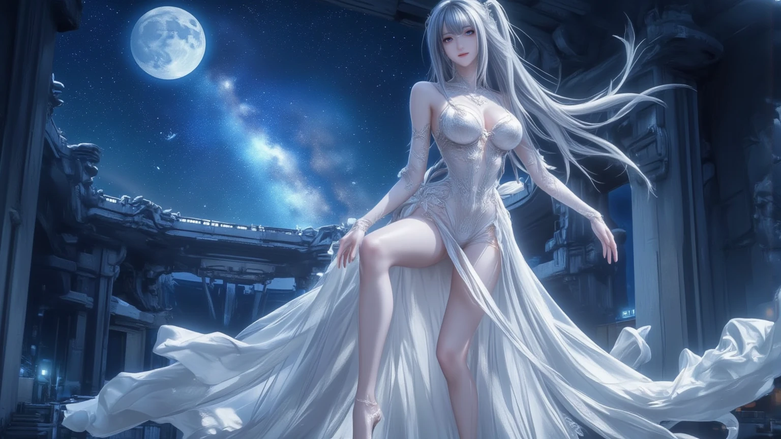 A detailed portrait of a girl sitting outdoors at night, looking at the starry sky with the milky way, surrounded by a night cityscape with buildings silhouetted against the night sky, long white hair. wearing a slightly revealing dress, sexy legs, precise cleavage, (best quality, 4k, 8k, high resolution, masterpiece: 1.2), ultra detailed eyes and face, extremely detailed blue eyes, beautiful detailed eyes, beautiful detailed lips, sky, stars, landscapes, starry night, night, 1 girl.