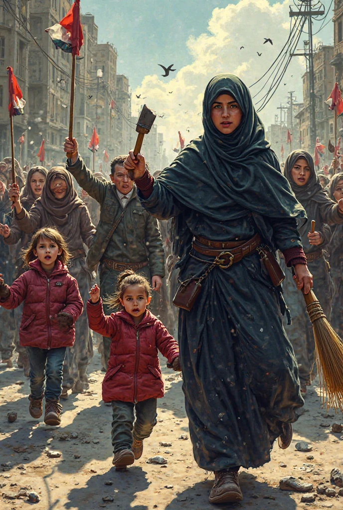 A little hijab girl, wearing a long skirt, proudly holding a large red and white flag, with highly detailed eyes and face, exuding extreme happiness, celebrating Indonesian Independence Day, with splashes of water and fire in the background, creating a dramatic atmosphere.