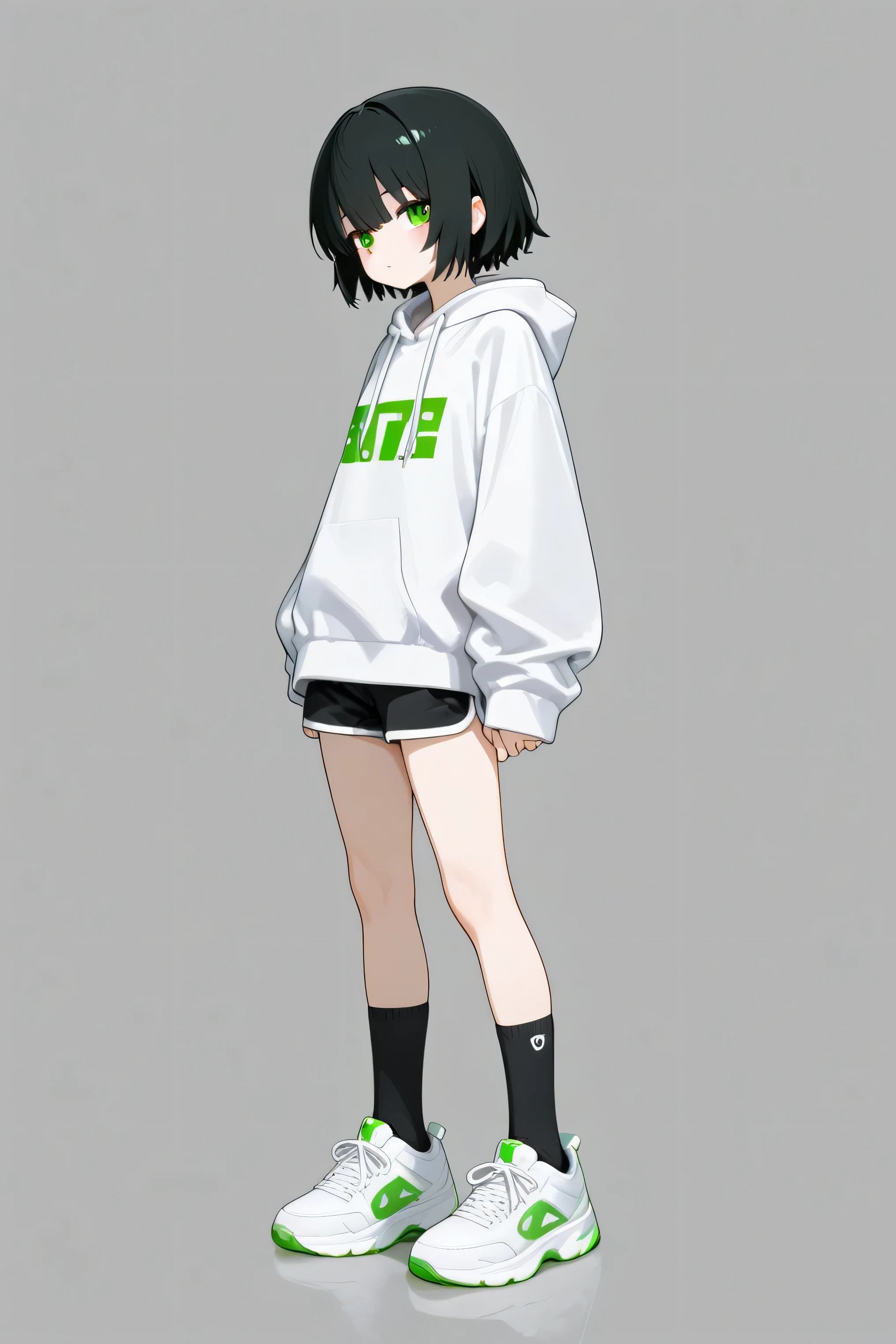 a girl，5 head ratio， white hooded sweatshirt、black shorts、White shoes、Black socks、Black short hair、green eyes、Looking into the distance、sideways、Full body picture。