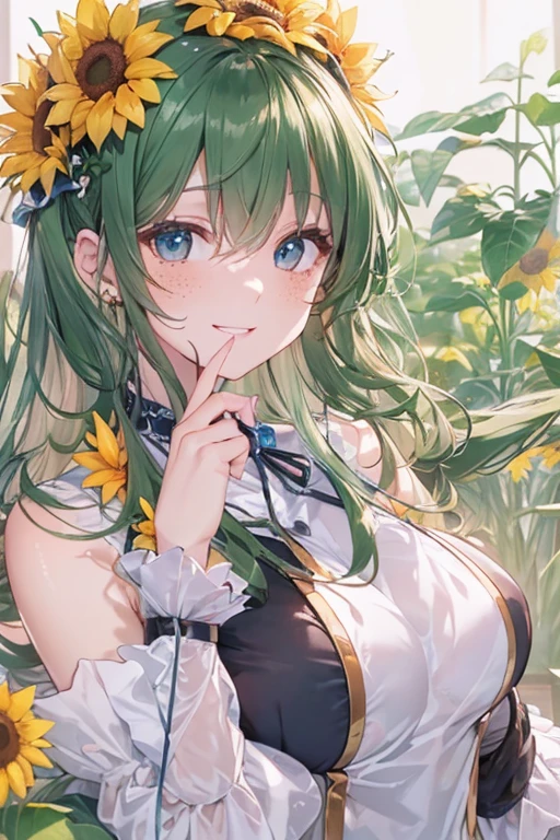 ((masterpiece, best quality)), (1girl),((mature female)), green hair, hairband, bangs, long hair, two piece strapless suit, micro suit, __location__， leotard, , black hairband, shoulder cutout, black thitying hair,curvy,cleavage,confident, ((flying petal)),(Flowery meadow), sunlight, sun, evening,, (evening theme:1.3), light, fantasy,