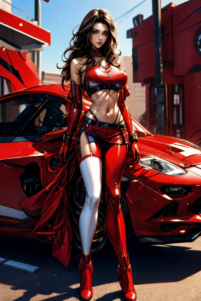 perfect and beautiful face, beautiful girl in red and black pointed toe stiletto knee high boots, standing beside a supercar ,, leatgher gloves on, big breasts and buts