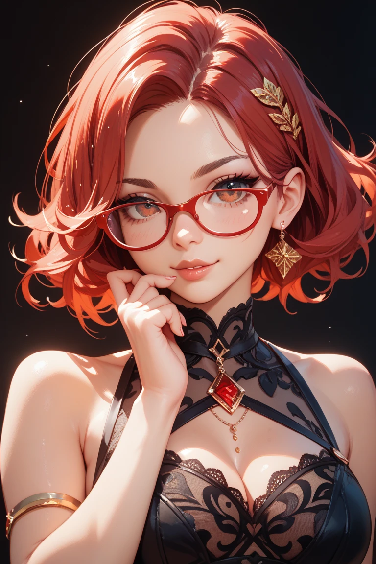 masterpiece,high quality,best quality,4k,super detailed,4k,focus sharp,(face),head,absurdres, highres, ultra detailed, (girl:1.3), (evil:1.5, BREAK , watercolor style, soft blending, closeup face,scarlet hair,,eyeglasses, dreamy, washes, delicate textures, seductive smile, armpit pose very detailed,himeko murata,honkai impact,vermilion knight,black kimono, cherry blossom,sakura,night stellar sea,blue sky eyes glowing, (gojo satoru eyes very detailed 4k)
