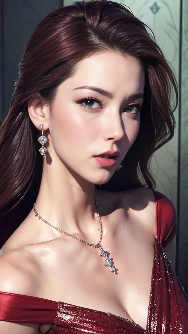 (A face covered in thick semen:1.5), Browsing Caution, masterpiece, Highest quality, Accurate, 超High resolution, retina, Very detailed, Awards, High resolution, Anatomically correct, (Realistic:1.4), RAW Photos, (Soft Saturation:1.3), (Fair skin:1.2), 8k, 1 person, Mature adult woman, Beautiful evil, Evil and nasty sexy women, (Perfectly beautiful woman, A perfectly beautiful face, Perfectly beautiful eyes, perfectly beautiful nose, perfectly beautiful nose孔, perfectly beautiful lips), (Chestnut-colored hair tied on top of the head), (Compensate:1.3), (Eye Reflexes:1.3, Solid Circle Eye, Ring-shaped eyes, Sparkling Eyes:1.2, Long eyelashes:0.7, Amber Eyes), (Crystal Earrings, Shiny gold necklace), (Captivating smile:1.4, Cruel smile:1.4), (dark red lips:1.3, Glossy Lips:1.5,Lip reflection:1.5),  (clavicle, Cleavage, Huge saggy breasts, Silk dress:1.5), (Detailed texture of wrinkles on clothing:1.3), Looking at the audience, povfellatio