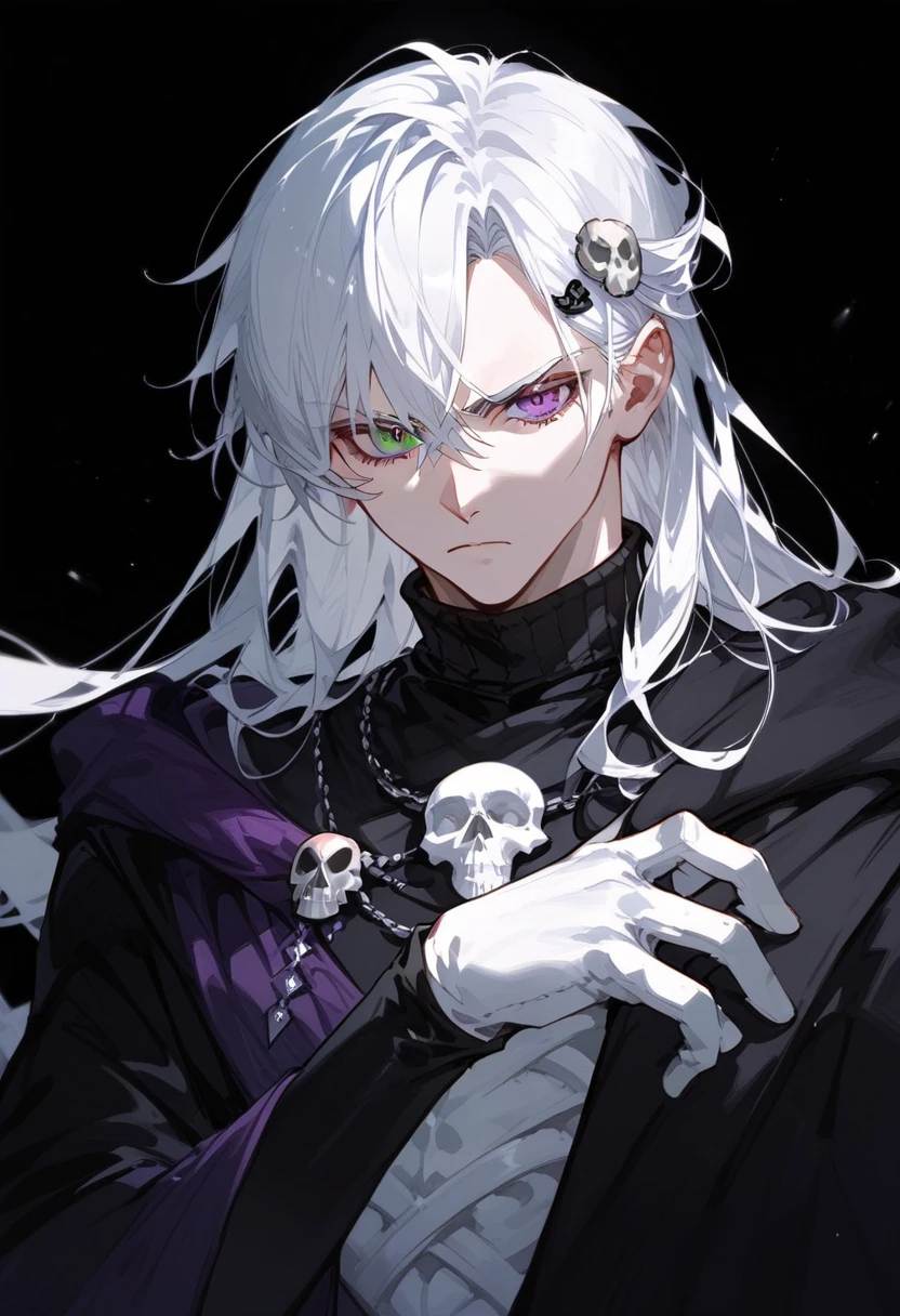 young man ,Male Dark, dark Woods, cold colors, man white hair with blue eye, Warlock dnd , Skeleton army in background