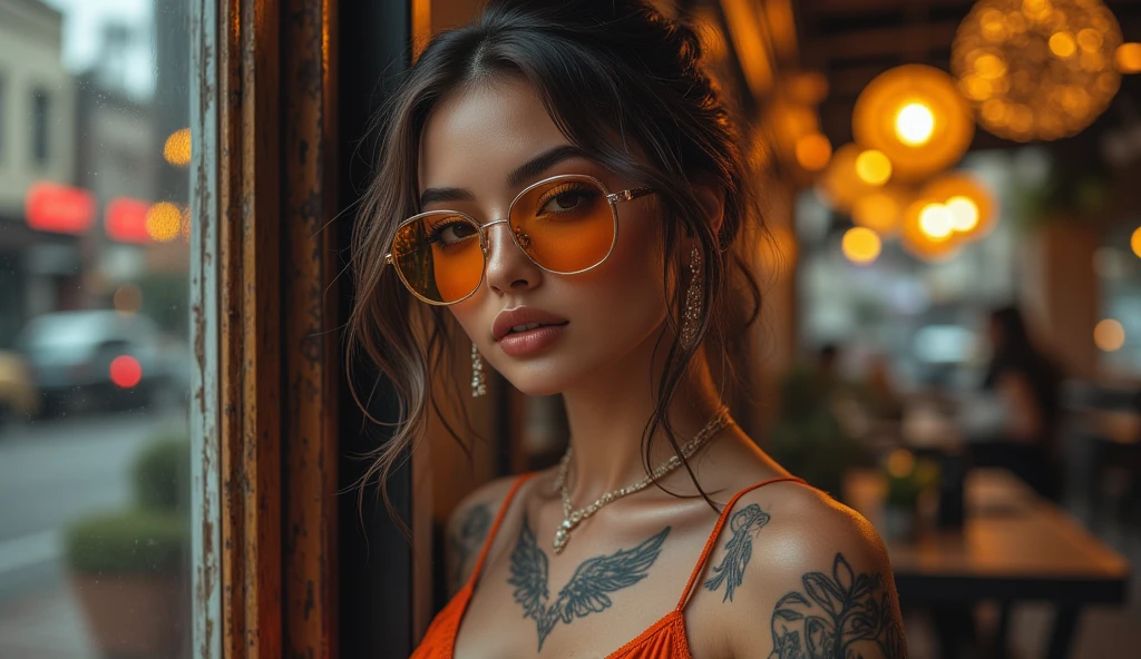 A stunning high quality photo of a close-up of a beautiful and gorgeous woman's face, prominently featuring her large, round sunglasses. The lenses of the sunglasses reflect a vibrant cityscape at night, illuminated by neon lights. The woman has a reddish-brown hair and her skin is adorned with intricate tattoos. The tattoos seem to be inspired by tribal or ancient designs. The background suggests a futuristic city with tall skyscrapers, and the sky is painted in hues of blue and purple, hinting at either dawn or dusk.