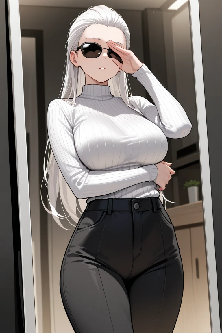 (((I want a woman with light skin, completely black eyes, long gray hair, light curvy body, medium breasts, being alone in a closet changing clothes)))