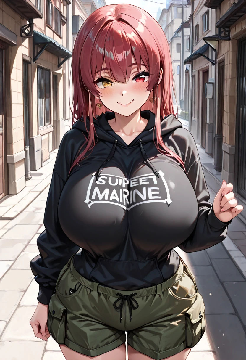 A stunning and seductive woman in a black hoodie with a brand on her chest, her enormous breasts covered by the hoodie, glanced shyly over her shoulder.
