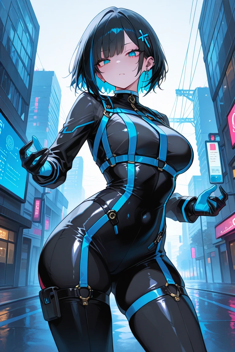 Japanese Manga《GANTZ》, Megumi Kishimoto, short hair, Kneeling, v, Medium breasts, Black Combat Tights, Thigh gap, Look at it from above