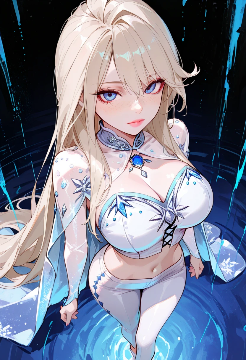 (Highest quality, 8k, 32K, masterpiece, Ultra-high resolution,:1.2),to be born, One Girl,So cute ,Ice background, A fantasy background reminiscent of an electronic world, clear, Shining Eyes, Age 25 ,Fair skin, White Haired Girl, Long Hair, An innocent smile, Red eyes, Pierced ears sparkle, An elegant necklace adorns her slender neck., Rings and bracelets decorate the fingers. expensive_Big Breasts, Big Breasts, ponytail, Wizard,, short hair, Hostile,Ice in hand,  anger