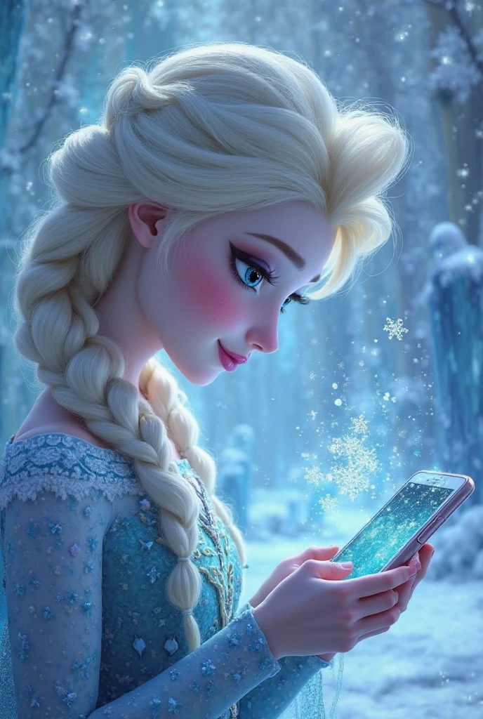 Imagine a fantasy ice princess elsa, with a sparkling, snowflake-themed attire, capturing a selfie moment. She holds an elegantly designed smartphone, which glistens like ice and snow. The back of the phone features intricate designs reminiscent of frost patterns and delicate snowflakes, embodying her wintry powers. The princess's hair is a pale blonde, cascading down her shoulders like a frozen waterfall, and her costume shimmers with a frost-like sheen. As she takes the selfie, her expression is one of serene confidence, and the air around her seems to shimmer with a subtle, magical coldness. The overall image is one of enchantment, blending elements of high fantasy with modern technology