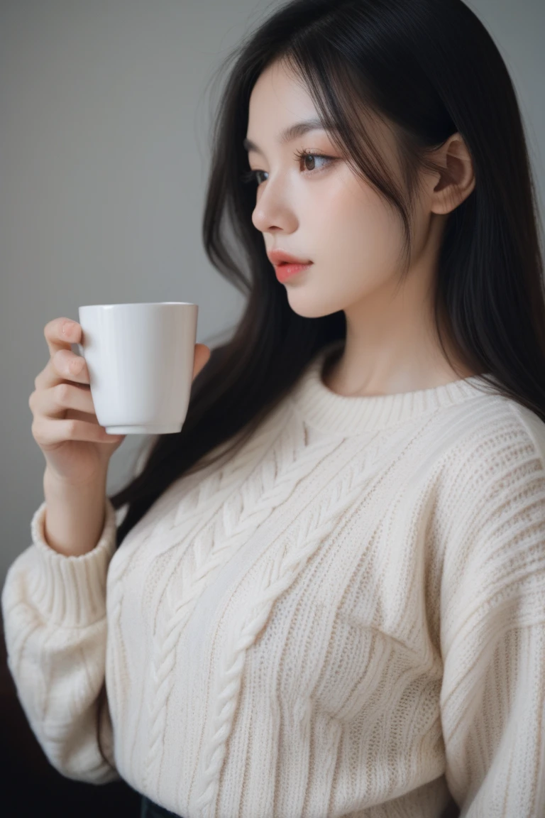 closeup, portrait, LeannaDecker, ((wearing sweater)), inside, portrait, kitchen, holding coffee mug, winter fire, eyes open, best quality, upper body, by lee jeffries nikon d850 film stock photograph 4 kodak 400 camera f1.6 lens rich colors hyper realistic lifelike texture natural lighting unreal engine trending on artstation cinestill 800, (100mm lens), long hair,, red hair 