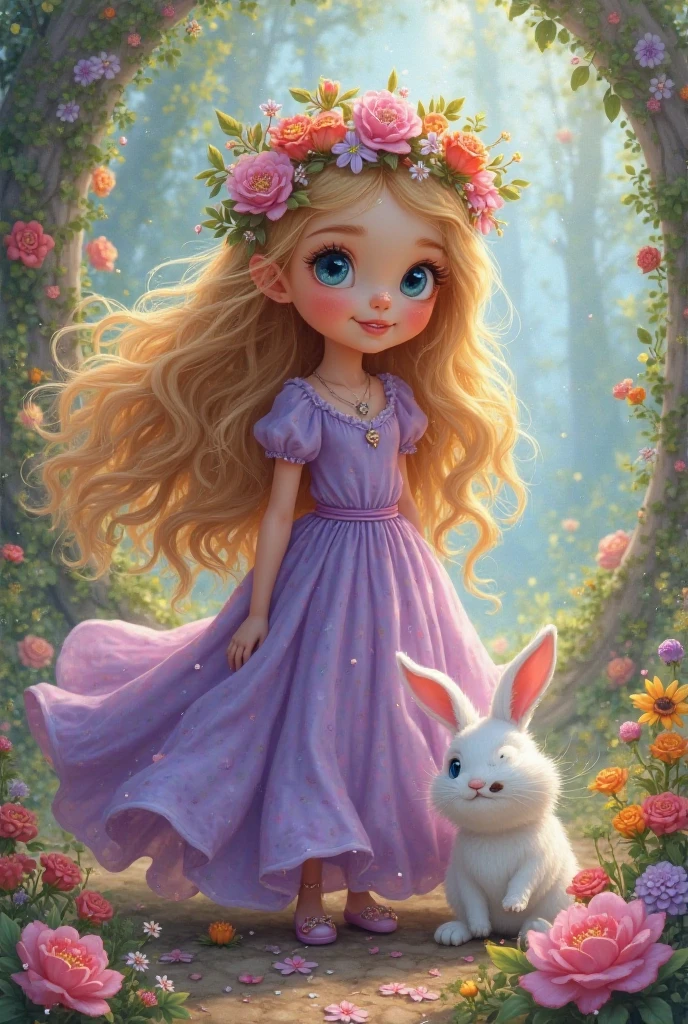 an girl( child)in a beautiful and worn purple dress, in an enchanted garden next to a bunny ( white)wearing a pink dungaree.