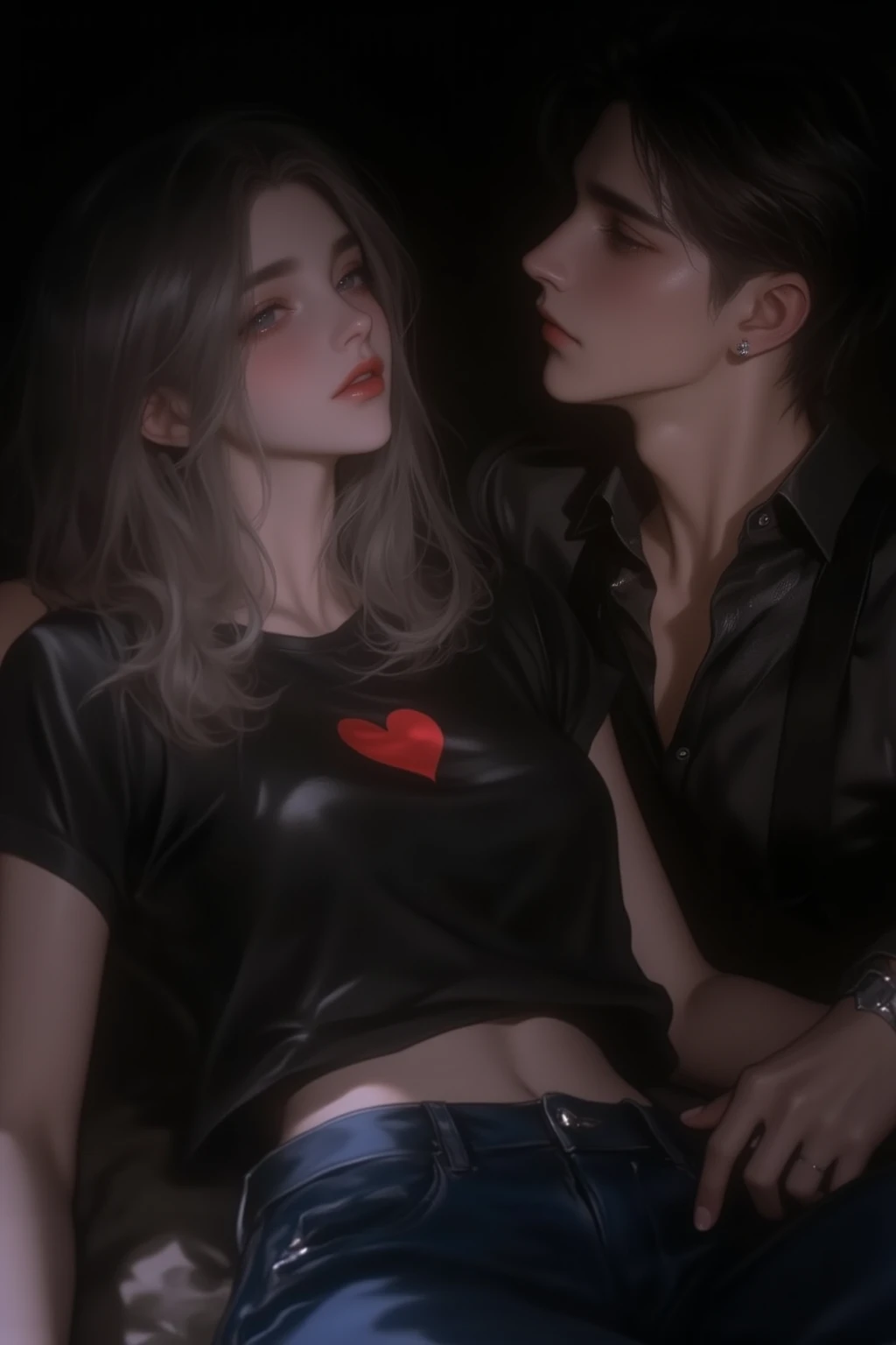 Beautiful detailed skin, Detailed Body, beautiful detailed hair, beautiful black pigtail, detailed hands, pareja enamorada senrada hombres con abdomen marcado