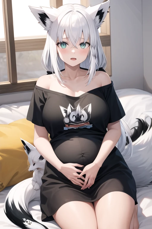 ((masterpiece:1.2, best quality)), highres, solo, long_hair, ((silver_hair:1.3)), hair_bow, ((giant breasts:1.3)), ((giga breasts)), Breasts, ((thick thighs)), ((wide hips:1.3)), shinano \(azur lane\), bangs, deep blue eyes, animal ears, kitsune, fox ears, fox girl, white fox tails, multiple tails, blush, very_long_hair, 1girl, looking_at_viewer, upper_body, closed_mouth, city, sweater, black pantyhose, chair, sitting by window, sitting on chair, autumn, sidewalk, pregnant, pregnant woman, pregnant belly,