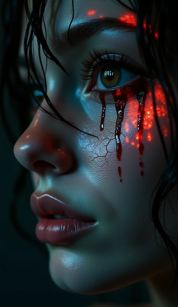 Porcelain-skinned with a single amethyst crystal eye headshot, cracked, shattered skin revealing deep fissures and missing shards, middle eye glowing with pain and sorrow, tears streaming down the fractured face, intense detail of shattered porcelain, soft focused lighting accentuating cracks, tear-streaked visage, blurred background emphasizing raw emotion and vulnerability, chaos 20, hyper realistic, cinematic
