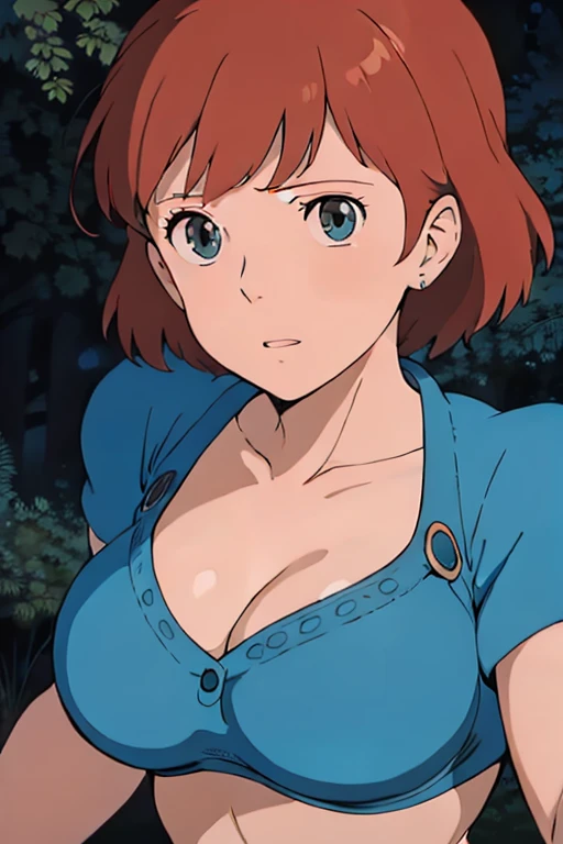 (masterpiece, best quality, high resolution, anime screencap, anime colored, 8k, photorealistic), Nausicaa, solo, brown hair, looking at viewer, huge breasts, cleavage, (white bikini:1.5), upper body, forest, (perfect detailed anatomy, beautiful detailed face&eyes, shiny skin, detailed body)