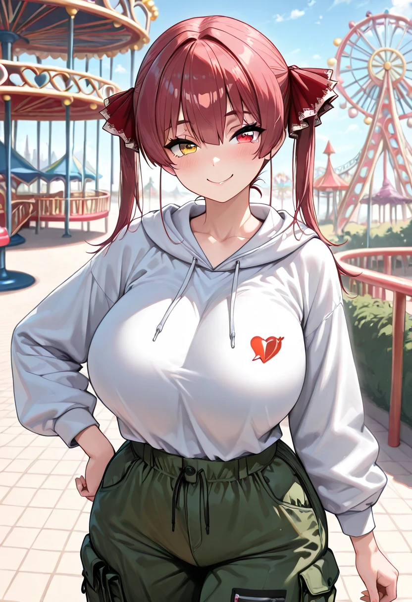 masterpiece, best quality, very aesthetic, absurdres, 1girl, mature_lady, ,1girl, hikasa tomoshika, voms, virtual youtuber, multicolored hair, blonde hair, red hair, open mouth, twintails, hood, two-tone hair, hoodie, yellow eyes,grin,Minka (Japan),blur background,background defocus