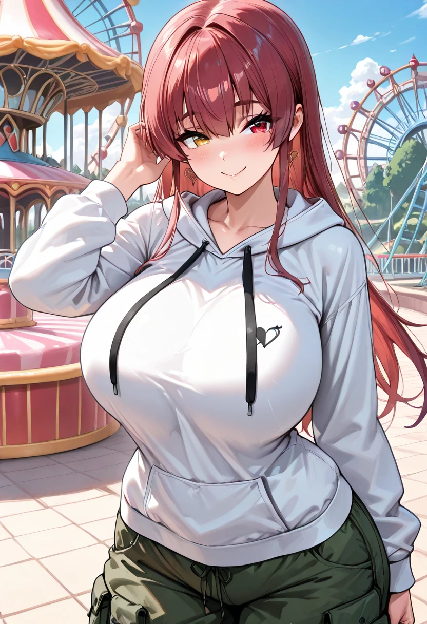 ((best quality)), ((masterpiece)), (detailed), (Solo), perfect face, perfect bone-structure, perfect musculature, perfect hands,
A Cute Girl, Long Dark-Brunette hair, Beautiful Blue eyes, very wide hips, huge thighs, Extremely Enormously Breasted, and is very short. Wearing an old Red Hoodie, mildly torn tightening Dark-Blue Jeans, and Red Sneakers. Sitting on a Wooden-Bench, in a City Park. With a cute tiny smile. (Massively Oversized, Extremely Over-Exaggerated, Incredibly Ginormous Boobs),