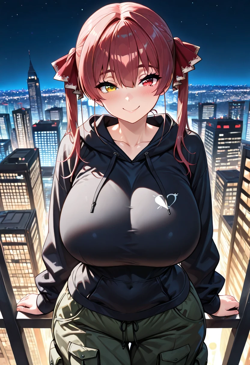 huge breast, giantess, pink top, jeans, city in the background