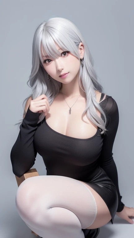 8K, highest quality, RAW photo,  ultra high resolution　silver blonde　silver hair　cool beauty　thin eyebrows　alone　droopy eyes　glamorous mouth　Light pink see-through outfit　huge breasts　Huge valley　beautiful butt　avoid exposure as much as possible　Please show me your whole body　on the bed　close your eyes　Photographing the back of a person crawling on all fours from directly above.　spread your legs　Clothes