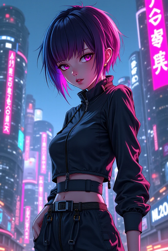 a close up of a person in a purple outfit on a ledge, in cyberpunk city, kate bishop, cyberpunk femme fatale, in cyber punk 2077, jet black haired cyberpunk girl, cyberpunk girl, cyberpunk 2 0 y. o model girl, modern cyberpunk, seductive cyberpunk dark fantasy, hero pose colorful city lighting, in cyberpunk style, cyberpunk vibe, cyberpunk hero