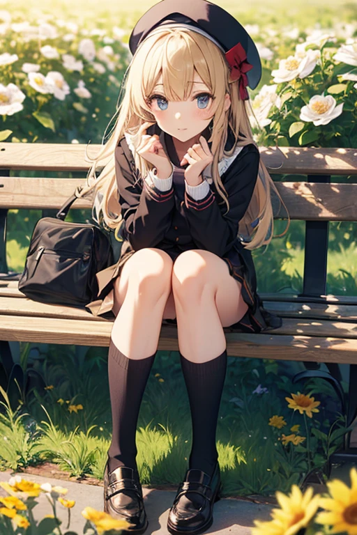 Anime girl sitting on a bench with her legs crossed、moving her center of gravity back, Put your hands forward from both feet, Put both feet in the circle of hands, Quite embarrassing, , Thin legs, Tight Skirt, 90 degree knee, Place your heels on the ground, Hands in front of feet, Hold my feet, Kneel, Sidewalk, RAW Photos, 8K, Highest quality, Ultra-high resolution, Beautiful face details, Real human skin, Gentle expression, Front view, Angle from below, Long Hair, Realistic, Realistic, cute, Short skirt, Lurking deep in the city, cute女子高生, School uniform, whole body,Five perfect fingers,Perfect Legs,
