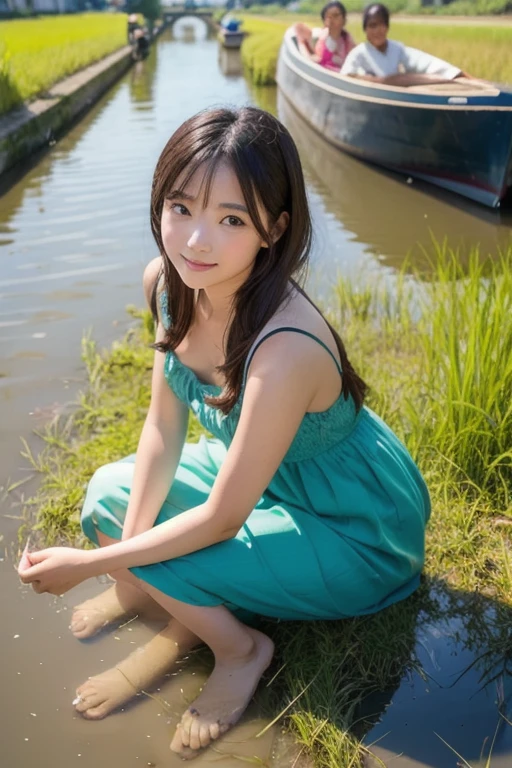 (best quality,ultra-detailed,realistic:1.37),portraits,beautiful young girl,youthful female model,riverbank and rocks or temple or bridge,Sweet girl clothes4, Libra dress,jewelry,sitting under a waterfall,sitting posture,sitting on a rock,drenched all over,masterpiece,extremely detailed description,super fine painting,detailed face,slim figure,long legs,playing in the water,smiling,bright smile
