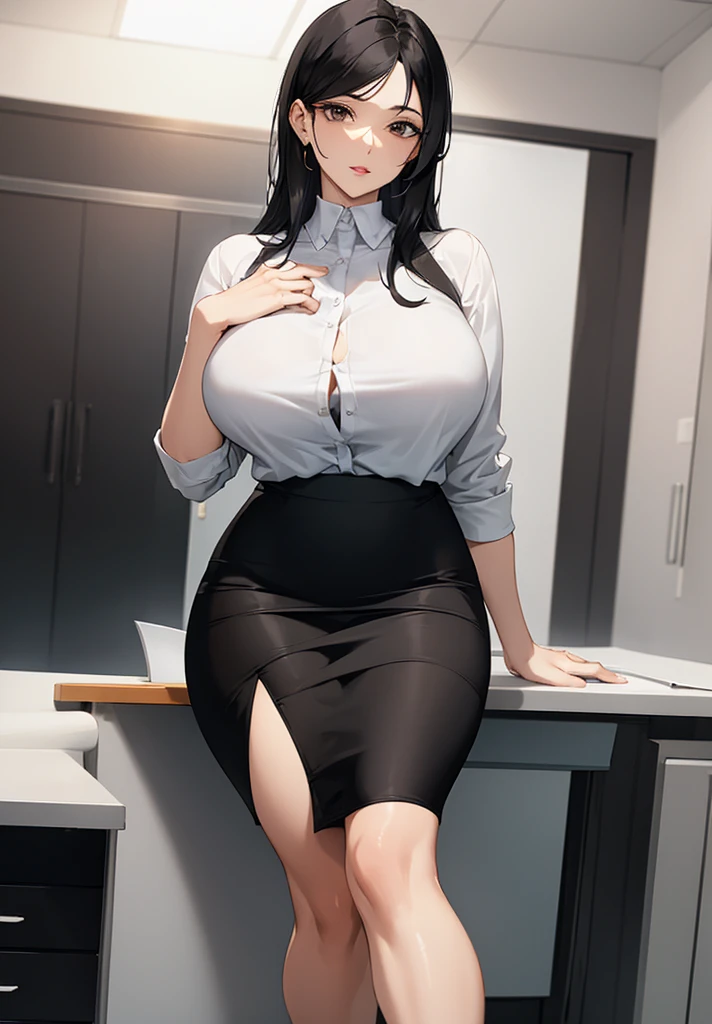 1 girl with light blue eyes long straight black hair mini short skirt formal jacket cleavage black tights high heels