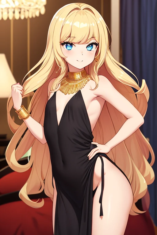 long hair, medium breast, cleavage, navel, slim legs, morgan fate, blonde hair, gown, blushing, skirt, standing, bedroom, arabian belly dancer