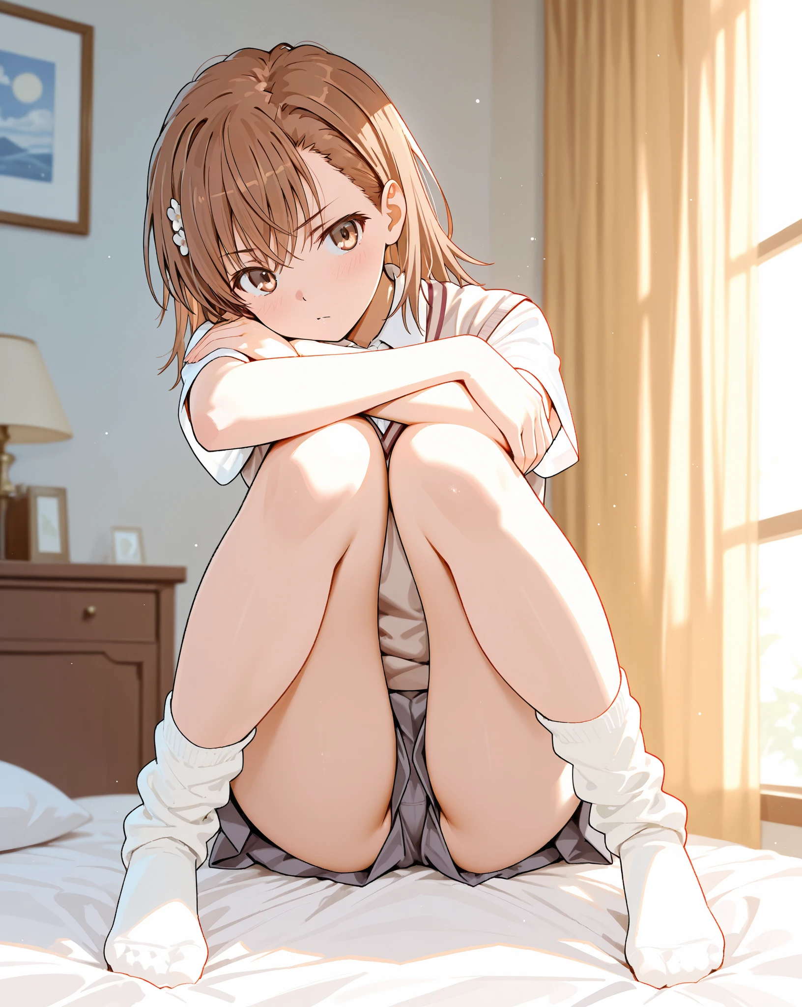 Best Quality, masterpiece, ((Solo, 1girl)), misaka Mikoto, Short hair, fine detailed shiny eyes, small chest, high resolution, best lighting, extremely detailed illustrations, blush, embarrassed, smile, open mouth, Realistic white panties, crotch seam, cameltoe, window, day, on bed, NSFW, loli, pantyshot, Spread legs, t-shirt, no skirt, no shorts, stained panty crotch