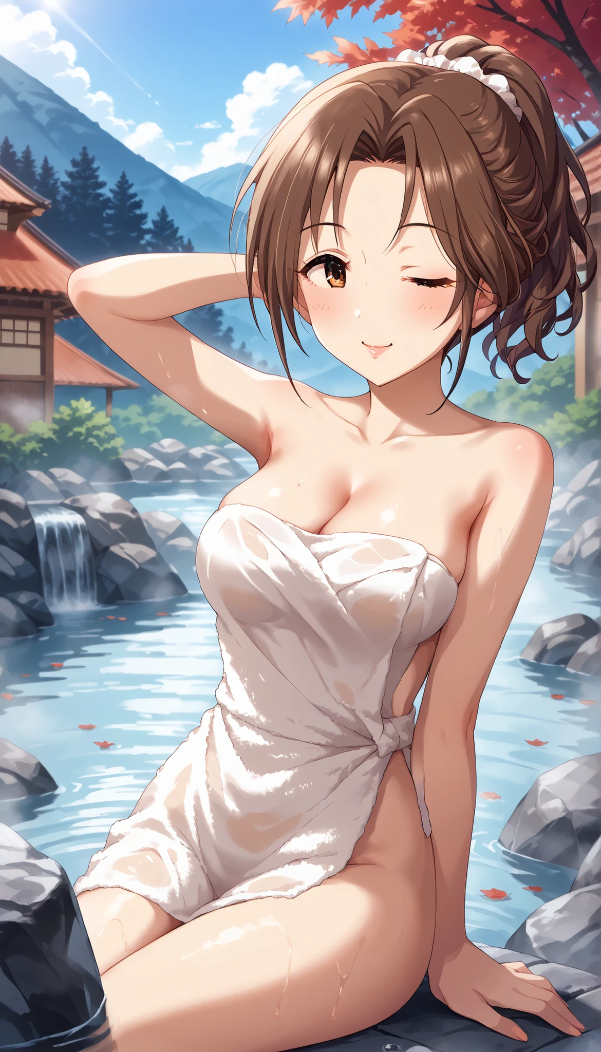 ((highest quality、8K、masterpiece:1.3)), (long bob, beautiful hairstyle, brown hair:1.5)、(open-air bath:1.2), (Soak in a hot spring:1.3), clear, fine-textured skin、beautiful clear eyes、cleavage、((attractive appearance))、(thin waist:1.3)、(Dynamic and seductive poses:1.5), ((wrap a towel around your body, wet body:1.3)), (Kamimei), earrings