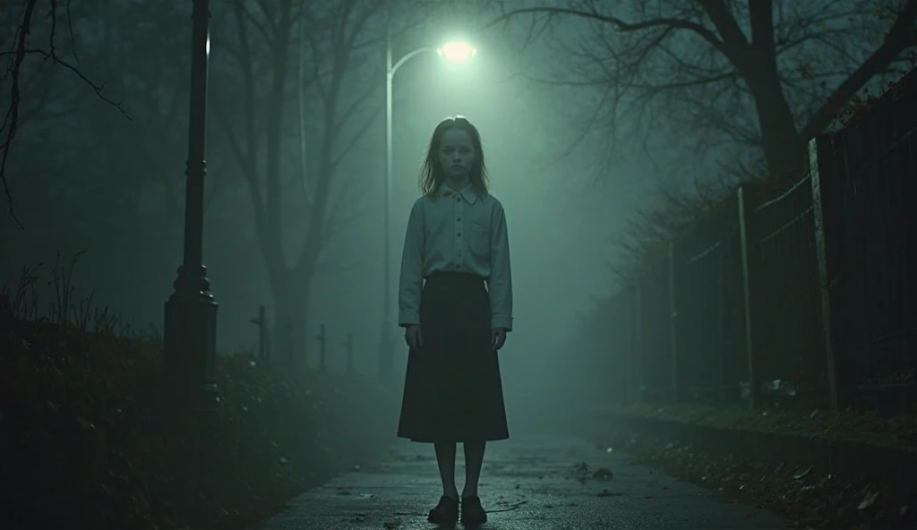 A dark-toned image, where the ghostly figure of a sinister young girl with torn school clothes can barely be seen, His pale face emerging from the shadows with a macabre smile, and a light mist covering the ground, which creates an atmosphere of mystery and terror.