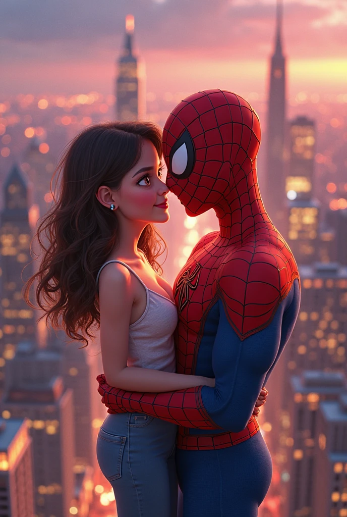 couple, Spiderman next to a 20-year-old girl, Medium hair girl, dark brown curly hair, Brown eyes, medium chest, happy, He is wearing a Spiderman costume. Best Quality, High resolution, extremely detailed, detailed background, perfect lighting. 2D anime animation